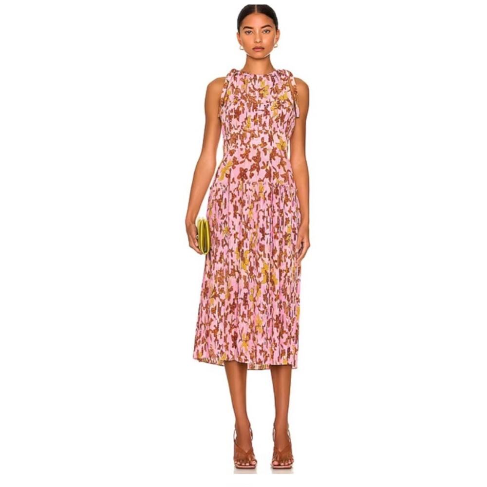 Ulla Johnson Pink and Brown Floral Midi Dress